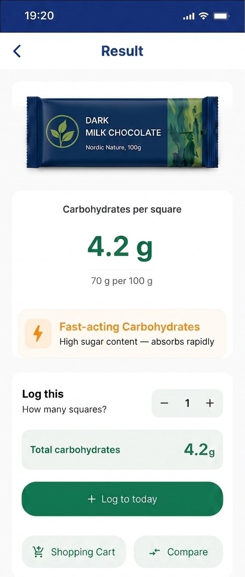 CarbCheck showing Dark milk chocolate, 4.2 g carbohydrates per square, classified as fast-acting carbs, ready to log to today.